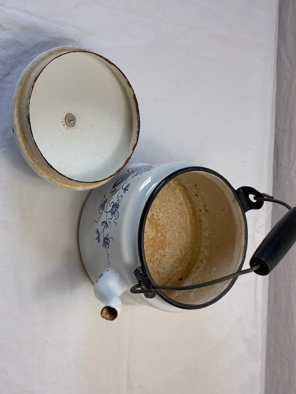 Vintage Blue and White Floral Enamelware Teapot Kettle with Black Handle